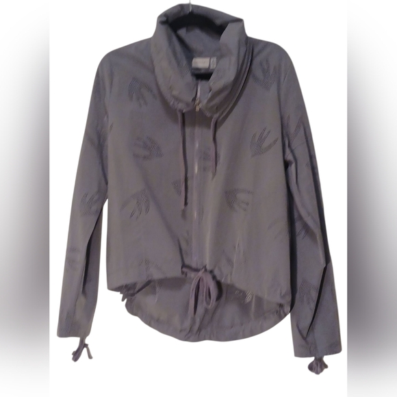 Nanette Lepore -Gray Zip-Up Jacket,Ruched Sleeves, Sparrow Design, Front Pockets - Picture 8 of 15